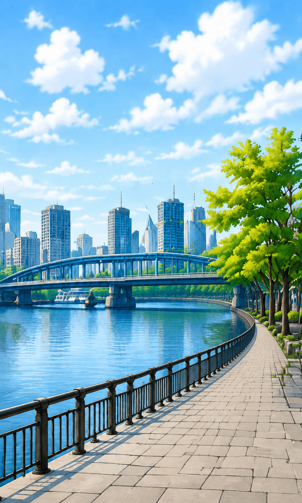 青空と川辺の風景のイラスト